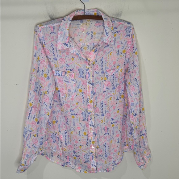 LILLY PULITZER Seacoast Linen Button Down Top Size Large - Picture 15 of 15